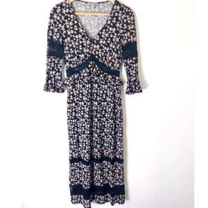 ASOS Maxi Dress Ruffle & Lace Black Floral 3/4 Bell Sleeves Small